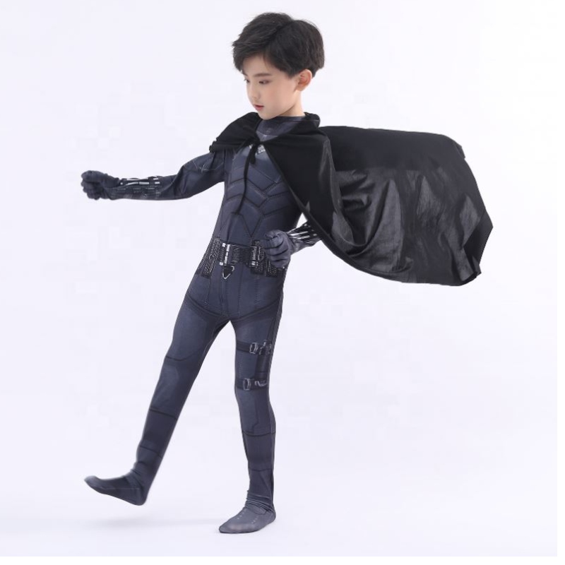 Nowy styl czarny bodysuit Halloween Kids Superhero Costume Cosplay Movie Costume Pattinson The Bat Man with Cape&Mask