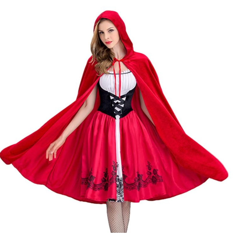 Kobiety Little Red Riding Hood Costume Party Dress With Cape