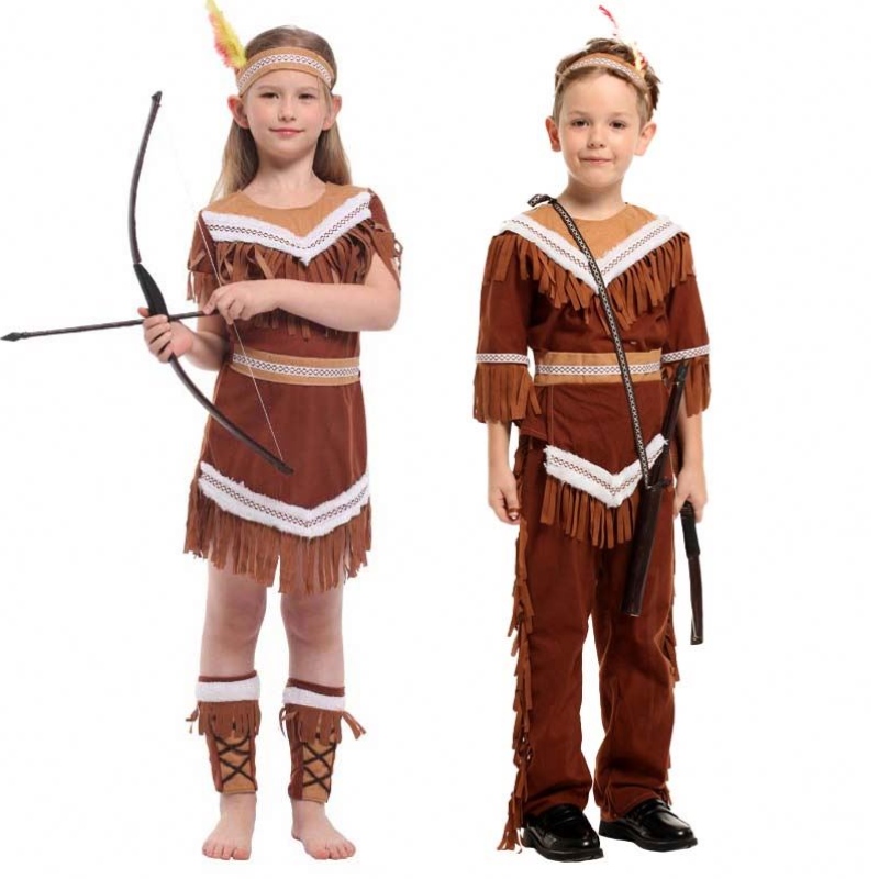 2022 Kids Indian Princess Huntress Dzieci Brown Fringed Boy Girls Indian Costume