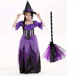 Party Carnival Mardi Gras Fantasia Child Kids Girl Fairytale Purple Witch Costume Kids with Hat HCVM-015