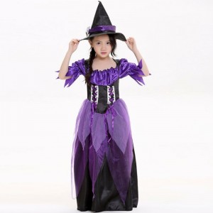 Party Carnival Mardi Gras Fantasia Child Kids Girl Fairytale Purple Witch Costume Kids with Hat HCVM-015