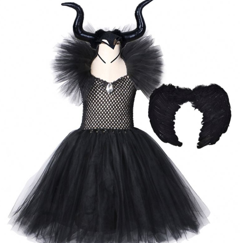Dzieci czarny diabeł tutu kostium Halloween dziewczyny fantazyjna sukienka tutu z szalą piórową Royal Dark Queen Maleficent Sukienka
