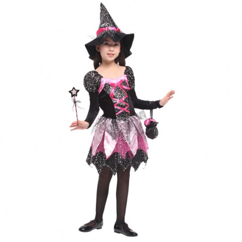 Kid Girls Różdżka Ubranie ubraniana Halloween czarownicę Bluszczone srebrne gwiazdynadrukowane cosplay sukienka z spiczastą czapką