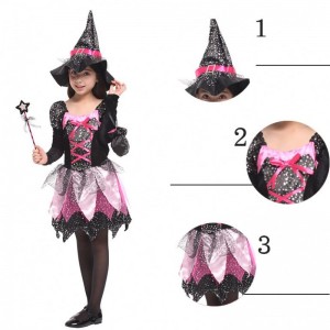 Kid Girls Różdżka Ubranie ubraniana Halloween czarownicę Bluszczone srebrne gwiazdynadrukowane cosplay sukienka z spiczastą czapką