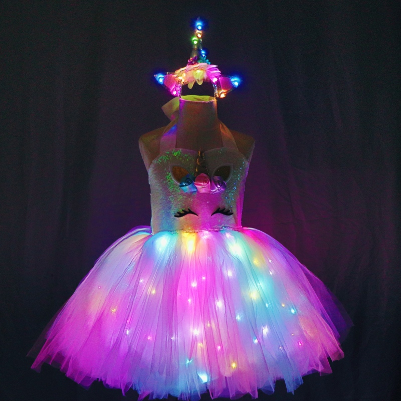 2022 Dziewczyny dziewczyny urocze kostiumy jednorożca z LED Light Up Dress for Halloween Birthday Party Prezent Rękaw