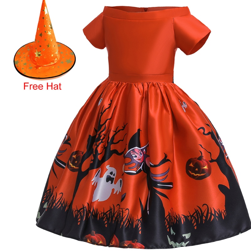 Amazon Halloween Kostium Dziecięcy Cosplay Masquerade Drukowanie Sukienka Performance Sukienka, Kapelusz