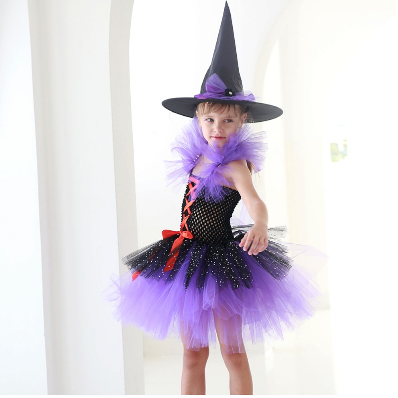 Amazon Hot Sprzedawanie Tutu Witch Dress Costume for Girls with Witchy Hat Halloween Party