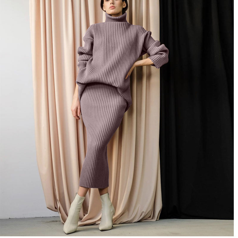 Winter New Fashion Custom Women's Warm Turtleeck Pullover Knitted Knitted Midi Squult 2 -Pan Ruit Sweter spódnicy