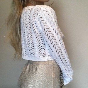 Biały dekolt w stylu dekoltowy wydrążony w długim rękawie pokaz mody cienki seksowne dzianiny Sweter