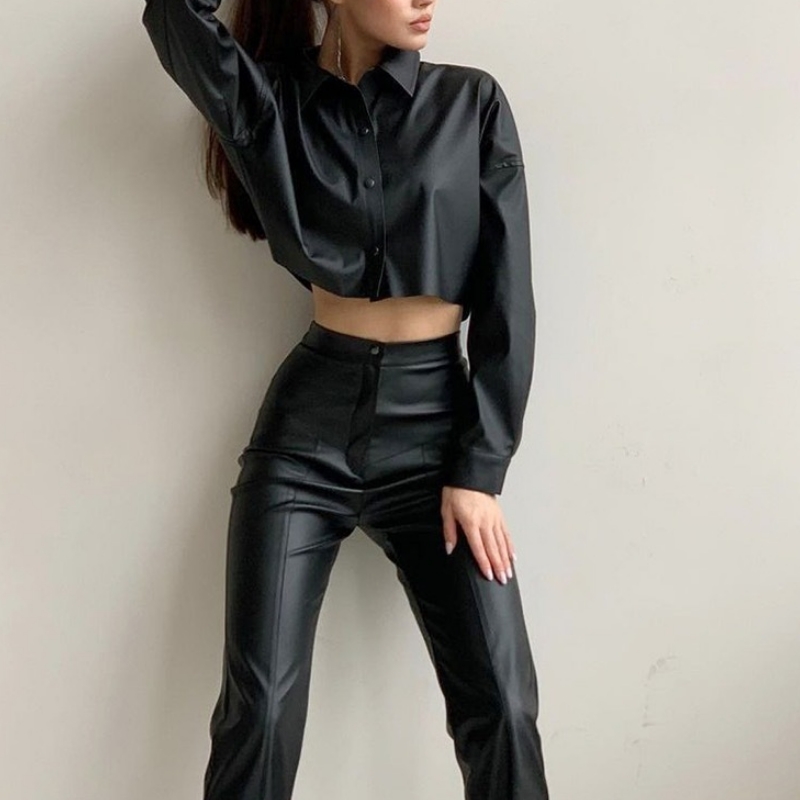 Jesienna i zimowa motocykl seksowna matowa skórzana koszula z długim rękawem