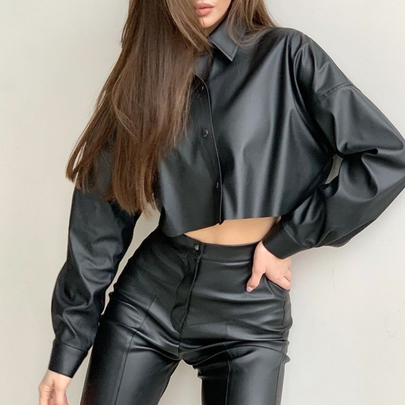 Jesienna i zimowa motocykl seksowna matowa skórzana koszula z długim rękawem