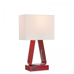 Mała lampa biurka z czerwonym wykończeniem, port ładowania USB, bezprzewodowa stacja ładowania i przełącznik rockera ON/off w pokoju gościnnym