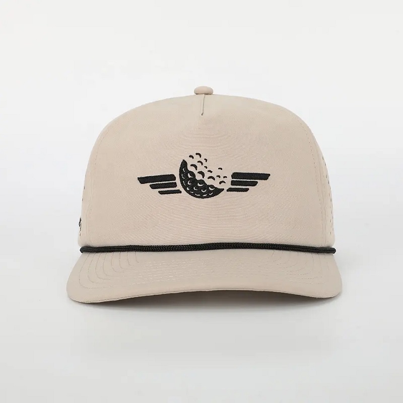 Hurtoweniestandardowe logo haftowe 5 panel tato Hat Wysokiej jakości poliester Golf Gorras, laserowe wycięte hole sportowe czarne czapkę baseballową