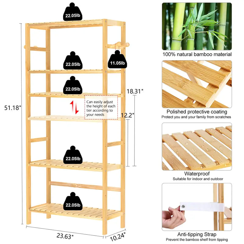 5-piętrowy regulowany regał Wysoka wodoodporna stojakna stojakna łazienkę Bamboo Regresher