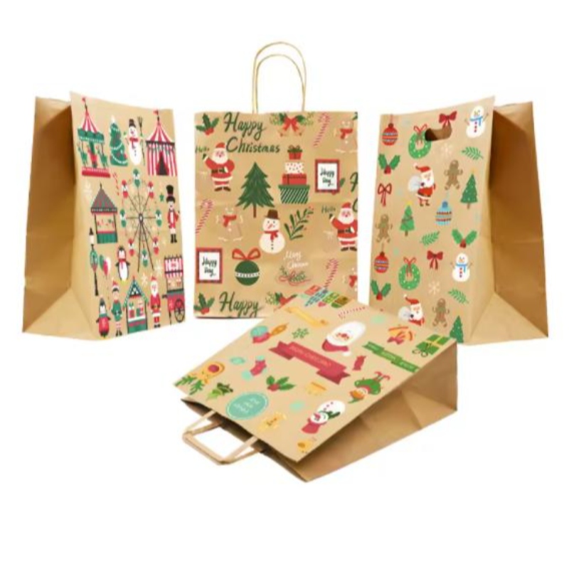 Świąteczne torby z papieru brązowe z skręconymi uchwytaminiestandardowe świąteczne torbyna prezenty z własną odznaką hurtową torby papierowe