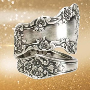 Hongde 925 Sterling Silver Utleniony regulowany pierścionek z łyżką \\„Zabytkowy język kwiatów\\\
