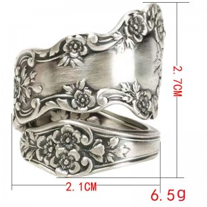 Hongde 925 Sterling Silver Utleniony regulowany pierścionek z łyżką \\„Zabytkowy język kwiatów\\\