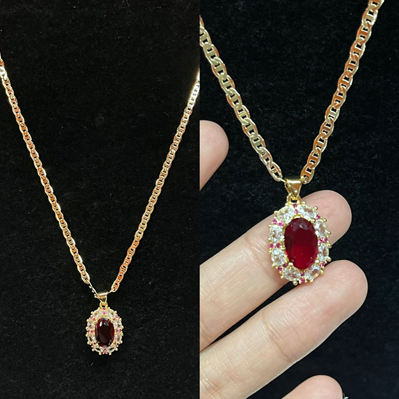 Naszyjnik Royal Ruby Halo z diamentem & Różowe szafirowe akcentyna 14 -karatowym złotym łańcuchu