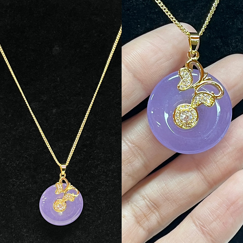 Lavender Serenity Jade i Gold Cherry Blossom Wisiant z sześcienną cyrkonią