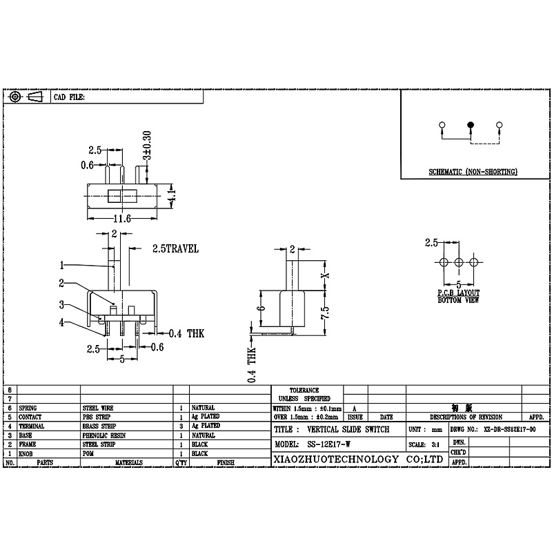 Przełącznik slajdów SS12E17 Electric Gear Switch Switch Bend Foot 2-Pozycja 3-Przełącznik przełączania pinów