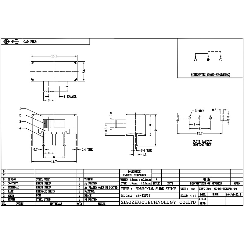 Przełącznik SLIDE SK12F14 strona-Pociągnij poziomy przełącznik, strona lampy sufitowej-Pull Slide Switch, singiel-Rząd 3-Przełącznik slajdów pionowych